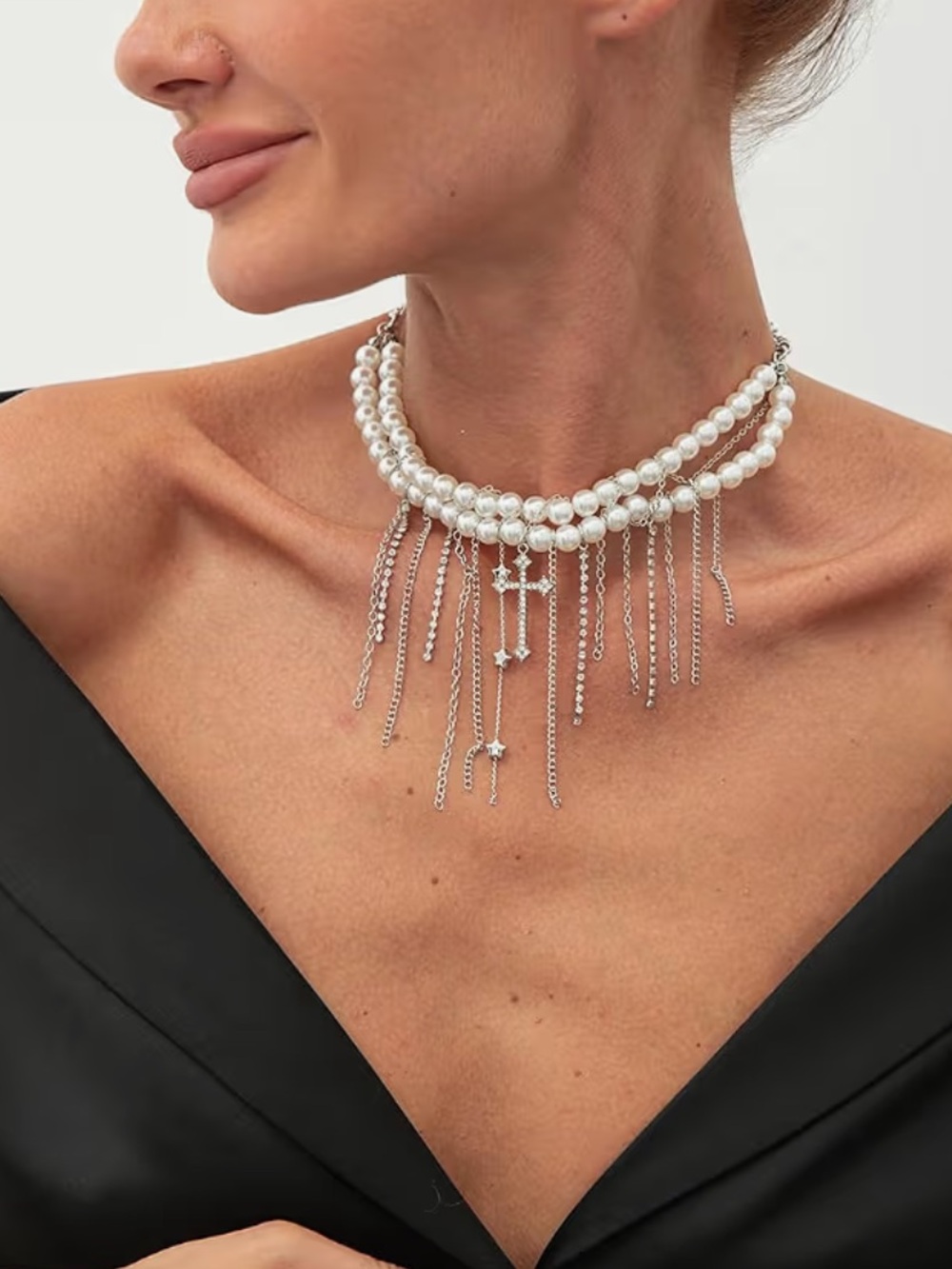 Luxe Pearl Fringe Cross Necklace